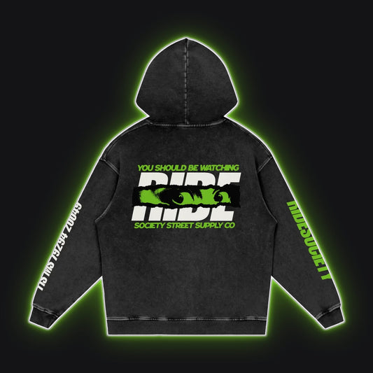 HC001 Kawasaki Green Hoodie, back view, rim glow