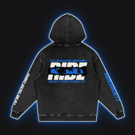 HC001 Motorrad Blue Hoodie, back view, rim glow