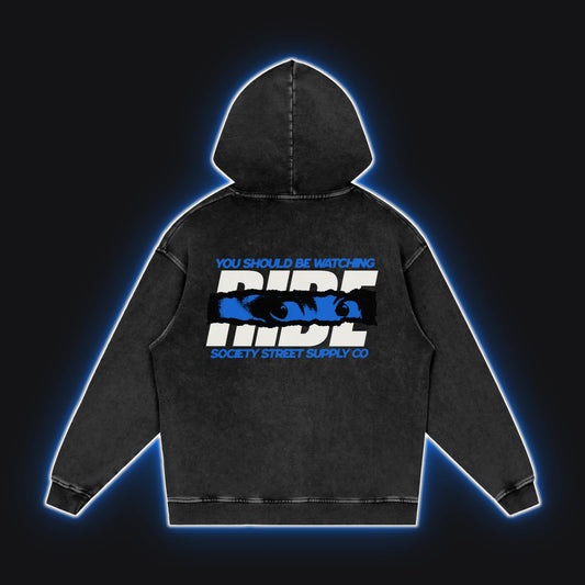 HC001 Motorrad Blue Hoodie No Sleeves, back view, rim glow