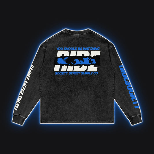 HC001 Motorrad Blue Long Sleeve, back view, rim glow