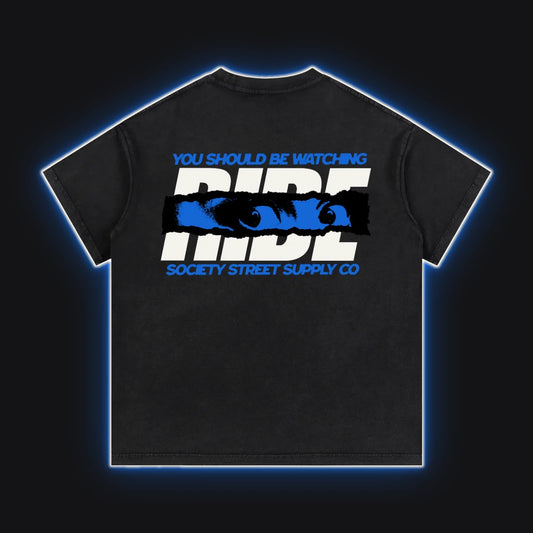 HC001 Motorrad Blue Tee, back view, rim glow